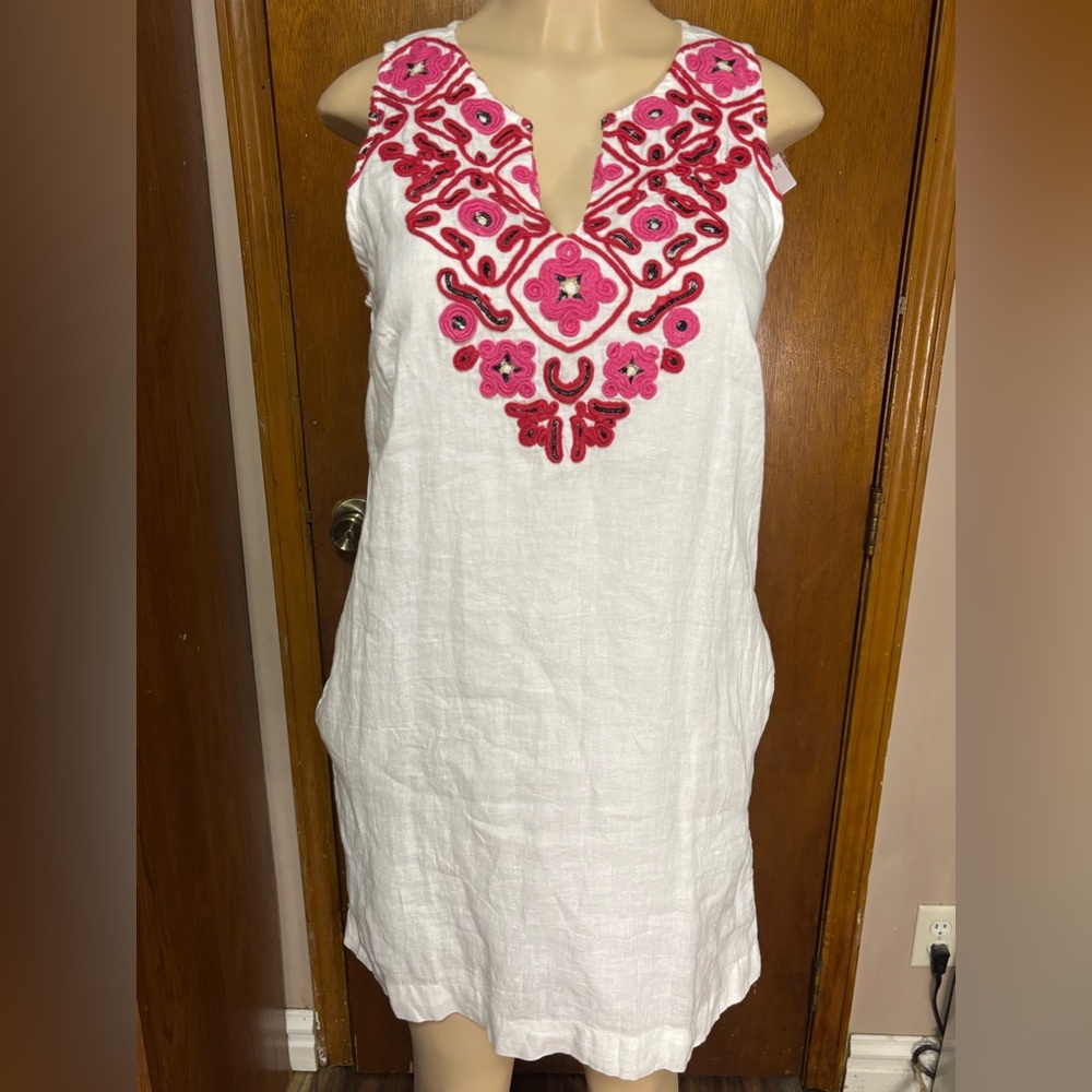 J crew BNWT 100% linen white scallop v neck embroidered floral dress costal xs